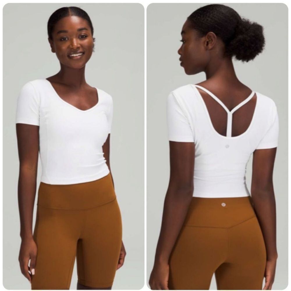 Lululemon Align Tee Short Sleeve Cropped Top White Size 6 V-Neck Open Back Shirt